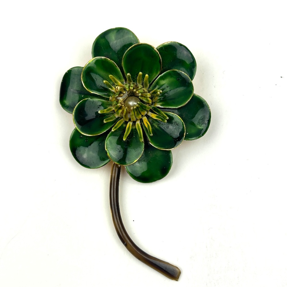 Enamel Vintage Brooch Flower Pin Green Petals & Green Stamen with Pearl